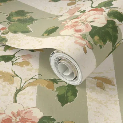 Spoonflower Peel And Stick Wallpaper Grandmillennial Floral Stripe Botanical Vines 2' X 12' Removable