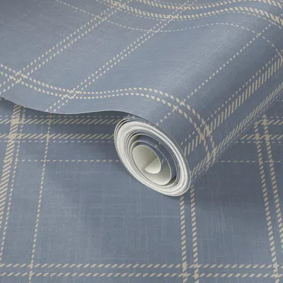 Spoonflower Peel And Stick Wallpaper Granny Classic Neutral Slate Blue And Cream Plaid - Chic Grid Stripes  Remo