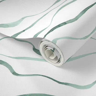 Spoonflower Peel And Stick Wallpaper Green Grey Blue Watercolor Waves 2' X 12' Removable
