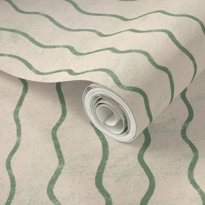 Spoonflower Peel And Stick Wallpaper Green Hand-drawn Wavy Organic Vertical Stripes On Beige Textured Background