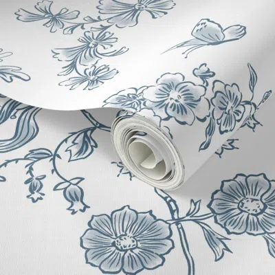 Spoonflower Peel And Stick Wallpaper Hampstead Cottage - Blue On White 2' X 12' Removable