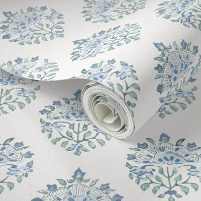 Spoonflower Peel And Stick Wallpaper Handblock Medallion 6 Sage And Light Blue  Removable In White