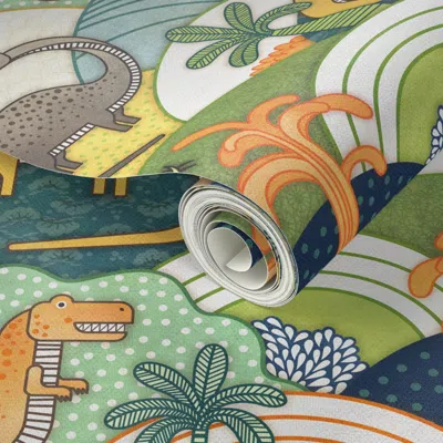 Spoonflower Peel And Stick Wallpaper Happy Dinosaurs Large Scale Autumn Colors Dinosaur Adventure Dinos Home 2' 
