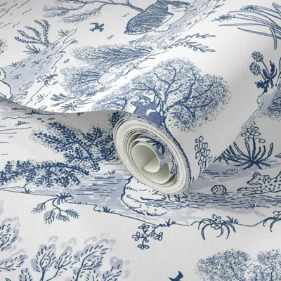 Spoonflower Peel And Stick Wallpaper Happy Dogs In The Park Toile - Delft Blue On White -hand Drawn Large Scale 