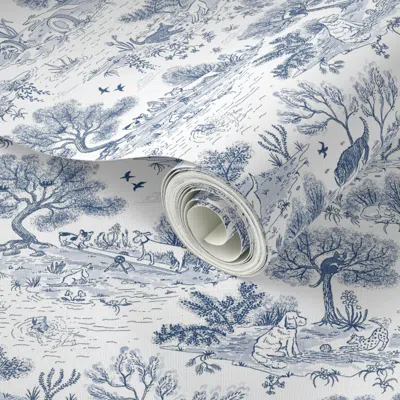 Spoonflower Peel And Stick Wallpaper Happy Dogs In The Park Toile - Delft Blue On White -hand Drawn Medium Scale