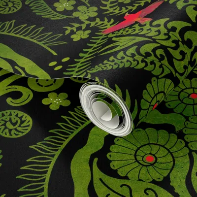 Spoonflower Peel And Stick Wallpaper Hapuu Fern Damask Green On Black Iiwi Bird  Removable