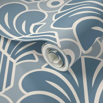 Spoonflower Peel And Stick Wallpaper Harbor Blue Art Deco Fan Pattern 2' X 12' Removable