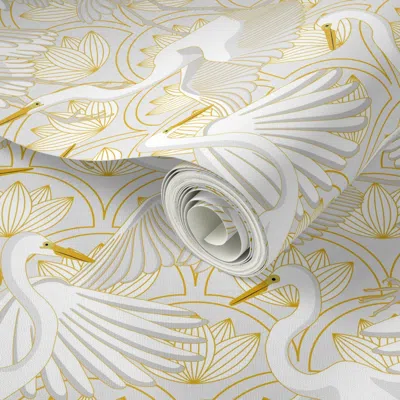 Spoonflower Peel And Stick Wallpaper Herons Art Deco Gold And Gray 200size 2' X 12' Removable In Multi