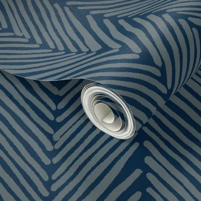 Spoonflower Peel And Stick Wallpaper Herringbone Pattern - Indigo Design - Large 2' X 12' Removable In Blue