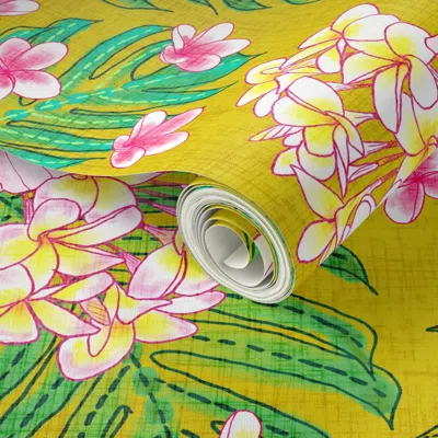 Spoonflower Peel And Stick Wallpaper Hibiscus & Plumeria Linen (gold) 7  Removable