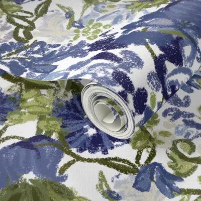 Spoonflower Peel And Stick Wallpaper Hollyhock Floral-dusty Blue Navy And Sage 2' X 12' Removable