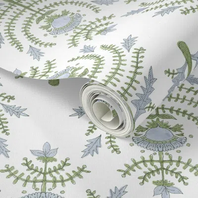 Spoonflower Peel And Stick Wallpaper Holy Basil Soft Bue Greens On White 2' X 12' Removable