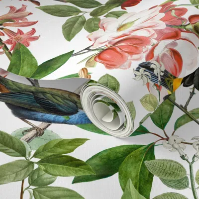 Spoonflower Peel And Stick Wallpaper Home Vintage Nostalgic Tropical Birds Jungle Green Jungle Tropical White 2'