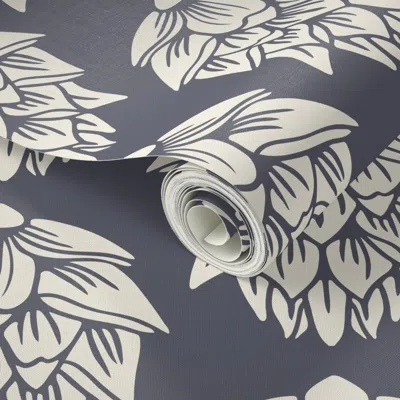 Spoonflower Peel And Stick Wallpaper Hops Single White On Navy-- Large 2' X 12' Removable