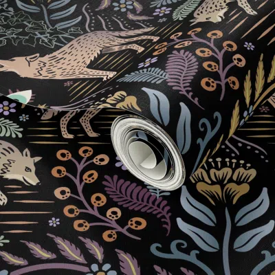 Spoonflower Peel And Stick Wallpaper Howling And Prowling Mystical Gray Wolf Damask With Plants Flowers And 2' X