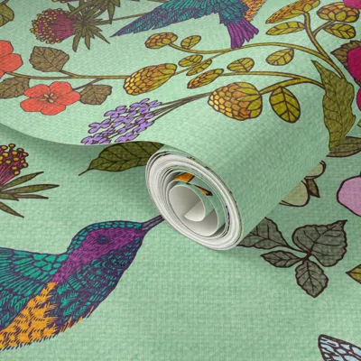 Spoonflower Peel And Stick Wallpaper Hummingbirds And Bees Green 344 2' X 12' Removable