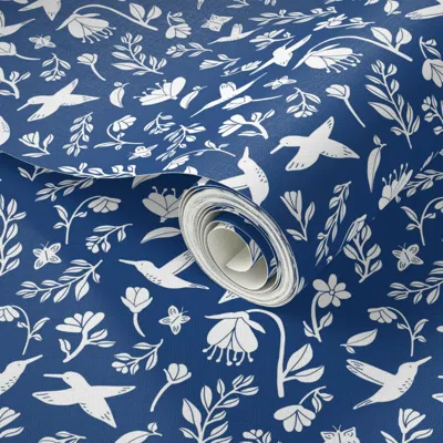 Spoonflower Peel And Stick Wallpaper Hummingbirds And Blossoms Blue & White 2' X 12' Removable