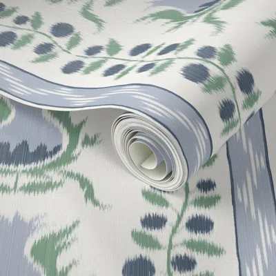 Spoonflower Peel And Stick Wallpaper Ikat Pomegranates Lehigh Green Indigo Blue And Cream 2' X 12' Removable