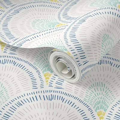 Spoonflower Peel And Stick Wallpaper Imperfect Retro Art Deco Rainbows Yellow Teal Pink Blue 2' X 12' Removable