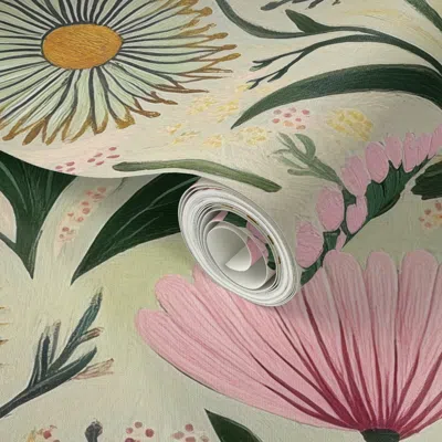 Spoonflower Peel And Stick Wallpaper In My Garden Of Quirky Flowers In Pink And Green  Removable In Multi