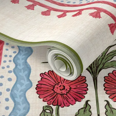 Spoonflower Peel And Stick Wallpaper Indian Block Print Floral Stripe 2' X 12' Removable