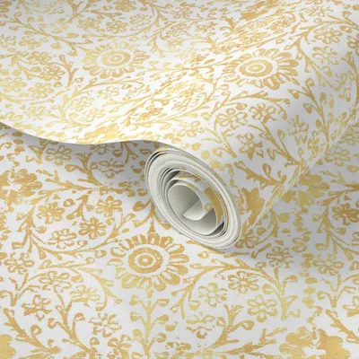 Spoonflower Peel And Stick Wallpaper Indian Woodblock In Gold On White ( Xl Scale) Rustic Gold Floral Hand 2' X 