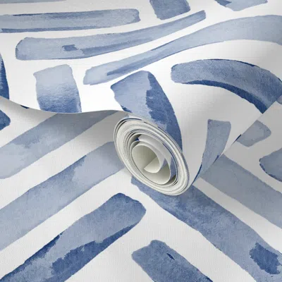 Spoonflower Peel And Stick Wallpaper Indigo Blue Painted Chevron Herringbone Timeless Classic Coastal Watercolor