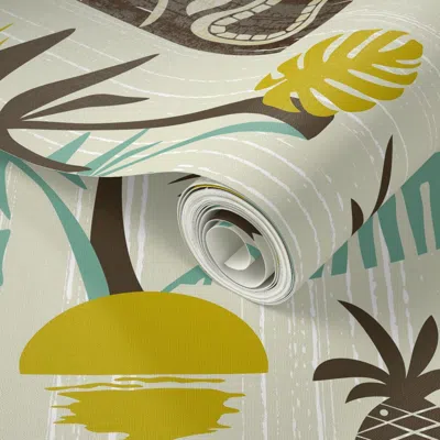 Spoonflower Peel And Stick Wallpaper Island Tiki Mid Century Modern Retro Tropical Hawaiian - Beige Olive (l) 2'