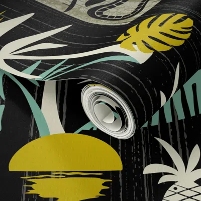 Spoonflower Peel And Stick Wallpaper Island Tiki Mid Century Modern Retro Tropical Hawaiian - Black Olive (l) 2' In Multi