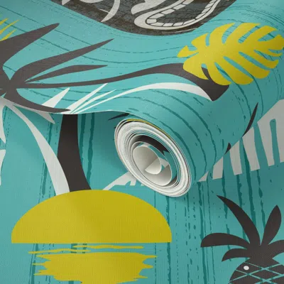 Spoonflower Peel And Stick Wallpaper Island Tiki Mid Century Modern Retro Tropical Hawaiian - Teal Olive (j) 2'  In Multi