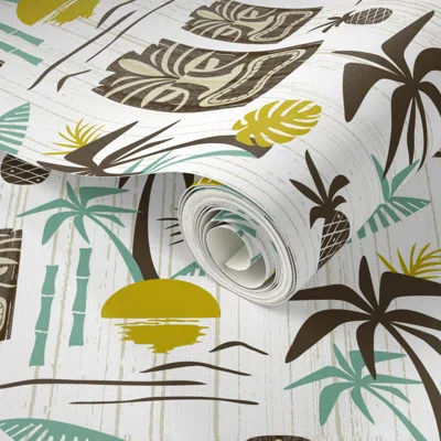 Spoonflower Peel And Stick Wallpaper Island Tiki Mid Century Modern Retro Tropical Hawaiian - White Olive (l) 2' In Multi