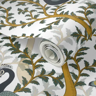Spoonflower Peel And Stick Wallpaper Italian Fresco - Chinoiserie Peacocks -basil Green On Pure White  Removable