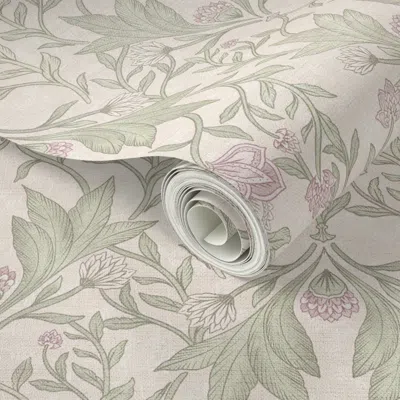 Spoonflower Peel And Stick Wallpaper Ivy - William Morris Floral Damask & Climbing Leaves - Cream Pink Green (l)