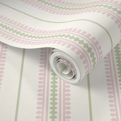 Spoonflower Peel And Stick Wallpaper Jackie Pink Green Beaded Classic Traditional Stripe 2' X 12' Removable