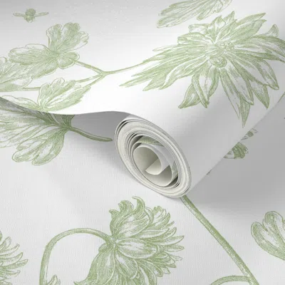 Spoonflower Peel And Stick Wallpaper Jacomina Toile Basil 1 2' X 12' Removable In Multi