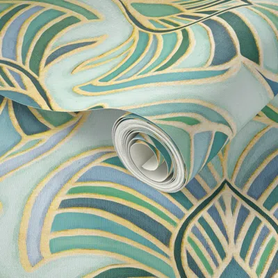 Spoonflower Peel And Stick Wallpaper Jade Enamel Art Deco Fans 2' X 12' Removable
