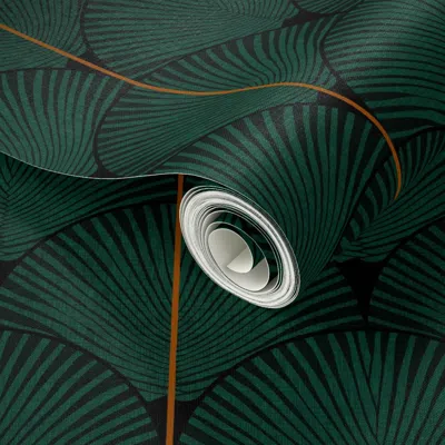 Spoonflower Peel And Stick Wallpaper Japandi Art Deco Palms Dark Green Black (medium) 2' X 12' Removable