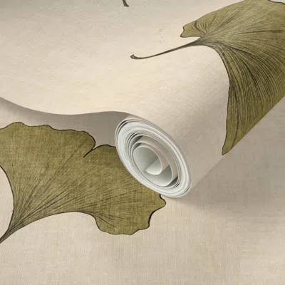 Spoonflower Peel And Stick Wallpaper Japandi Falling Ginko Leaves In Olive Green On Cream With Linen Texture 2' 