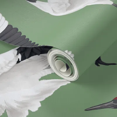 Spoonflower Peel And Stick Wallpaper Japanese Cranes - Large - Green 2' X 12' Removable