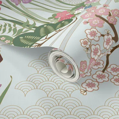 Spoonflower Peel And Stick Wallpaper Japanese Garden Chantilly Green 24inch Repeat 2' X 12' Removable In Blue