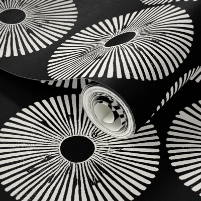 Spoonflower Peel And Stick Wallpaper Japanese Inspired Sun Furoshiki - Offwhite On Black - Custom 2' X 12' Remov