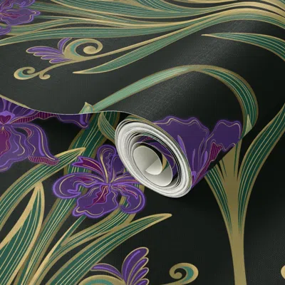 Spoonflower Peel And Stick Wallpaper Jewel Tone Art Nouveau Irises With Gold Highlights - 12 In. Repeat 2' X 12'