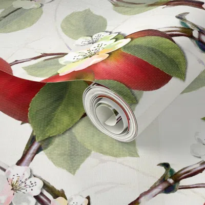 Spoonflower Peel And Stick Wallpaper Juicy Red Apples Summer Fruits Vintage Kitchen Floral Trellis Orchard Trees