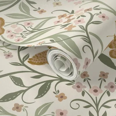 Spoonflower Peel And Stick Wallpaper Jumbo Enchanted Garden Damask - Whimsical Floral - Muted Neutral Beige 24"  In Multi