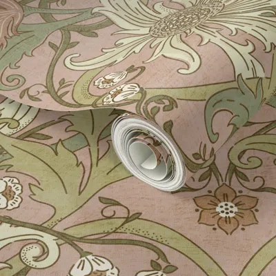 Spoonflower Peel And Stick Wallpaper Jumbo Heritage Sunflower Meadow - Dusty Pink Green Beige - 24" Cw1 2' X 12'