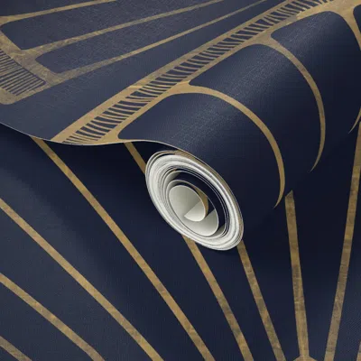 Spoonflower Peel And Stick Wallpaper (jumbo Large Scale) Luxury Art Deco Shell Dark Navy Blue And Gold 2' X 12' 