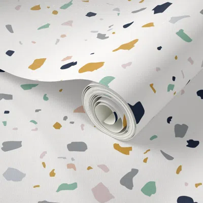Spoonflower Peel And Stick Wallpaper Jumbo - Terrazzo Print - Navy Green Grey Mustard And Pink (half-drop) 2' X  In Multi
