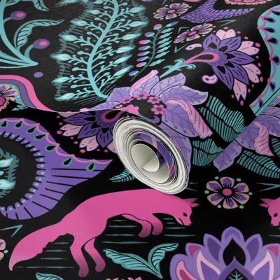 Spoonflower Peel And Stick Wallpaper Jumping Foxes Maximalist Folk Floral Damask Pink Purple And Aqua Blue On 2'