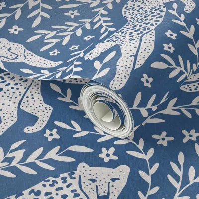 Spoonflower Peel And Stick Wallpaper Jungle Cat - Classic Blue 2' X 12' Removable In Multi