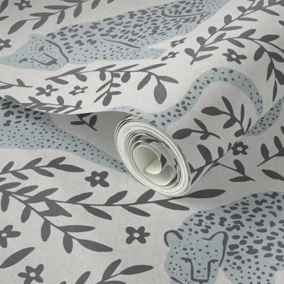 Spoonflower Peel And Stick Wallpaper Jungle Cat - Powder Blue On Off White 2' X 12' Removable
